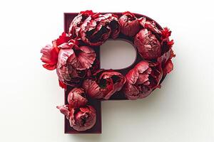 ai generato intricato 3d peonia fiore lettera p su bianca sfondo, la creazione di un' travolgente visivo. foto