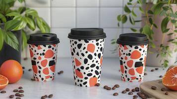 ai generato moderno caffè negozio tazza disegni su neutro pastello sfondo impostato di tre astratto porta via tazze foto