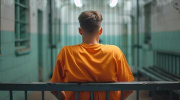 ai generato desolato uomo nel arancia abbigliamento seduta solo su prigione cellula panca, apparendo isolato e ritirato foto