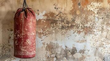 ai generato rosso punzonatura Borsa sospeso nel un' Palestra con copia spazio su il parete per testo o annuncio pubblicitario posizionamento foto