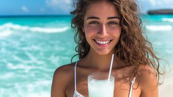 ai generato tropicale Paradiso donna godendo un' Margherita su un' soleggiato spiaggia con spazio per testo posizionamento foto