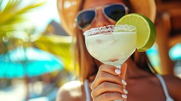 ai generato tropicale Paradiso donna con Margherita su soleggiato spiaggia, Perfetto per testo posizionamento. foto