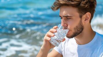 ai generato giovane uomo potabile acqua su spiaggia nel estate ondata di caldo, idratazione concetto con copia spazio foto