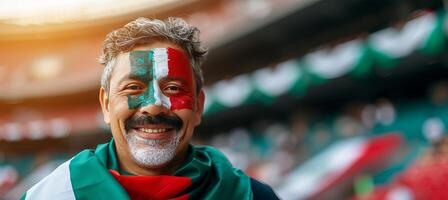 ai generato messicano calcio fan con bandiera viso dipingere festeggiare, sfocato stadio sfondo con testo spazio foto