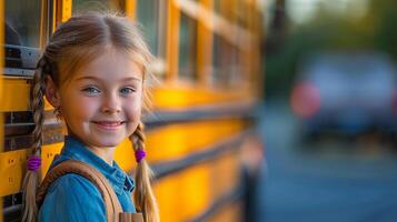 ai generato allegro elementare scuola ragazza pronto per tavola il autobus, desideroso per un' giorno di apprendimento e divertimento. foto