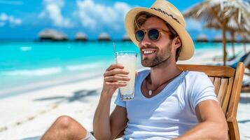 ai generato tropicale spiaggia Paradiso uomo godendo Margherita cocktail su soleggiato estate giorno con copia spazio foto