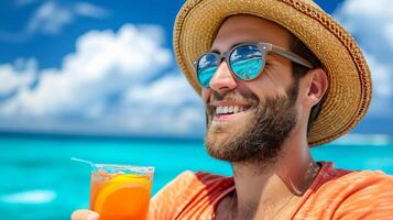 ai generato uomo godendo un' rinfrescante Margherita cocktail su un' tropicale spiaggia con ampio spazio per testo posizionamento foto