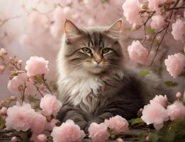 ai generato grigio gatto circondato di rosa fiori foto