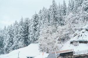 bellissimo Visualizza di ginzan onsen villaggio con neve autunno nel inverno stagione è maggior parte famoso giapponese caldo primavera nel yamagata, Giappone. foto