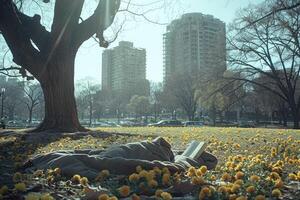 ai generato un' coperta e un' libro sotto un' albero nel un' soleggiato primavera parco professionale fotografia foto