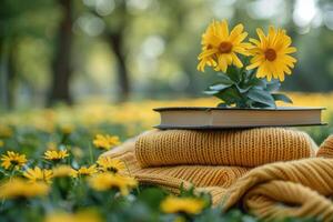 ai generato un' coperta e un' libro sotto un' albero nel un' soleggiato primavera parco professionale fotografia foto