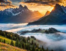mozzafiato Alba al di sopra di nebbioso montagne e lussureggiante foreste nel un' tranquillo paesaggio foto