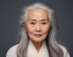 ai generato minimalista ritratto di un anziano donna nel un' kimono. foto