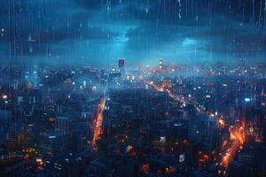 ai generato panoramico finestra mostrando un' Visualizza di un' notte tempo città illuminato su con luci e piovoso professionale fotografia foto