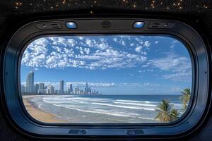 ai generato panoramico mostrando di un' paesaggio marino con blu cielo sopra sunlights professionale fotografia foto