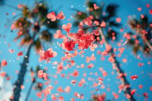 ai generato cuore sagomato coriandoli caduta a partire dal un' luminosa blu cielo professionale fotografia sfondo foto