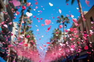 ai generato cuore sagomato coriandoli caduta a partire dal un' luminosa blu cielo professionale fotografia sfondo foto