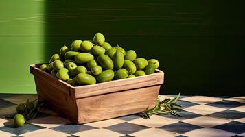 ai generato scatola o gabbia con maniglia di olive. vuoto spazio per copia spazio e modello. mediterraneo cucina, ingredienti e verdure. ai generato. illustrazione per il cucinando libro foto