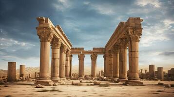 ai generato antico rovine nel deserto. greco o romano città su mezzo orientale e mediterraneo paesaggio. foto