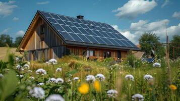 ai generato sole pannello su il tetto di un' nazione Casa. verde energia, e il elettrico sistema nel il villa. moderno villetta. ai generato foto