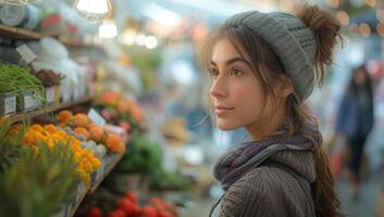 ai generato donna guardare prodotti a vivace americano strada mercato, americano strada mercati Immagine foto