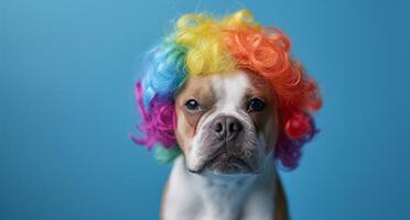 ai generato un' cane indossa un' colorato parrucca su blu sfondo, animale domestico scherzi immagine foto