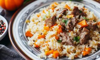 ai generato piatto di riso con carne e la verdura, decorato Ramadan tavoli foto