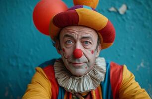 ai generato uomo nel clown costume in mostra colorato abbigliamento, divertente costumi e travestimenti concetto foto