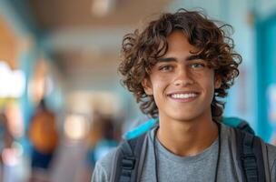 ai generato mezzo scuola alunno con Riccio capelli sorrisi trasporto zaino, americano formazione scolastica immagine foto