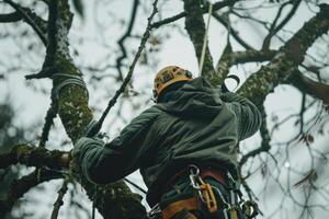 ai generato arboricoltore Lavorando a altezza nel albero. foto