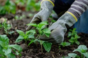 ai generato mani nel guanti cura per un' giovane pianta, giardinaggio concetto foto