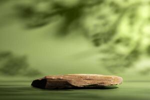 lato Visualizza di un' pietra Schermo In piedi per Prodotto. con verde freschezza acqua ondulazione e albero ramo ombra. sfondo per cosmetici, biologico e sostenibile prodotti foto