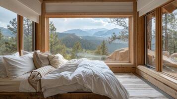 ai generato un' accogliente minimalista Camera da letto annidato nel il montagne, dove semplicità e natura convergere foto