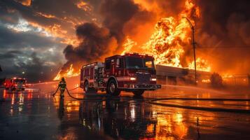 ai generato pompiere nel azione, combattendo un' feroce fiammata con un' potente tubo flessibile, fiamme inghiottire un' edificio nel il sfondo, fuoco camion e squadra su stand-by, intenso e eroico atmosfera foto