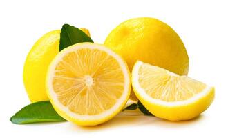 davanti Visualizza di giallo Limone frutta con metà fetta o trimestre e partire isolato su bianca sfondo con ritaglio sentiero foto