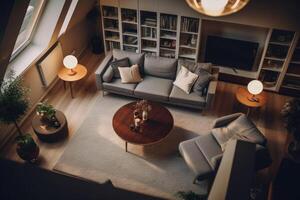 ai generato un aereo Visualizza di un' vivente camera con divani e un' caffè tavolo foto