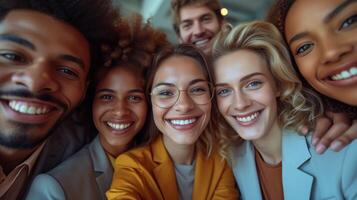 ai generato un' gruppo di sorridente persone siamo assunzione un' autoscatto foto