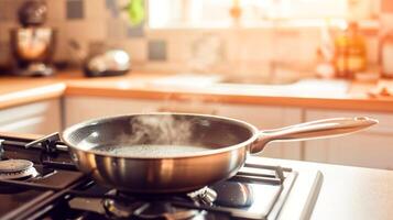 ai generato illuminata dal sole cucina scena con un' caldo frittura padella cottura a vapore su un' gas fornello. foto