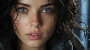 ai generato dettagliato ritratto di un' donna con Impressionante blu occhi e bagnato capelli fili. foto