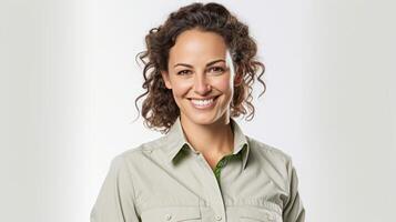 ai generato donna, agribusiness e agricoltura professione, sorridente, bianca sfondo, foto