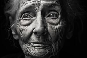 ai generato un vecchio donna con rughe su sua viso foto