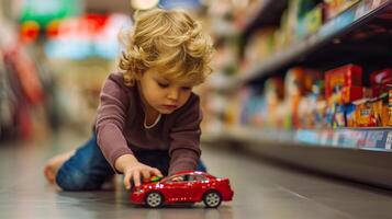 ai generato poco ragazzo giocando con un' giocattolo rosso auto nel un' supermercato corridoio. foto