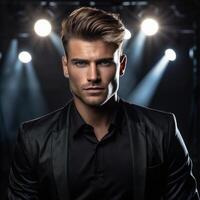 ai generato bello uomo con styled capelli in posa nel un' nero camicia sotto palcoscenico luci. foto