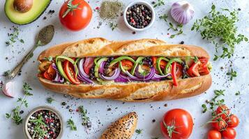 ai generato vegetariano avocado e verdura Sandwich salutare dieta prima colazione su bianca tavolo superiore Visualizza foto