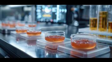 ai generato colto carne campioni nel un' laboratorio ambientazione. petri piatti contenente colto carne campioni su un' sterile laboratorio panca, riflettendo il innovativo futuro di sostenibile cibo produzione. foto