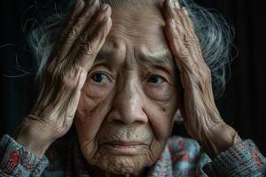 ai generato anziano donna sperimentare acuto mal di testa con ai generato. foto
