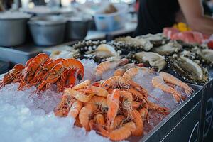 ai generato fresco frutti di mare su ghiaccio a mercato Schermo. foto