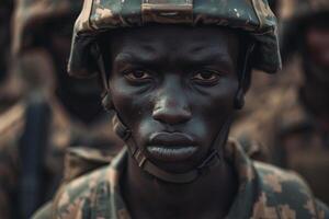 ai generato determinato giovane soldato nel militare uniforme con ai generato. foto