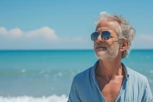 ai generato ritratto di anziano uomo con occhiali da sole su il spiaggia a soleggiato giorno. foto