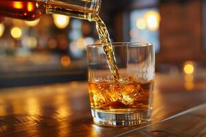ai generato scrosciante whisky in bicchiere con ghiaccio cubi. foto